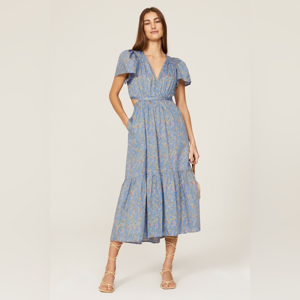 XíRENA Gabrielle Cutout Dress Size Large Blue Floral Midi V Neck Flutter Sleeve